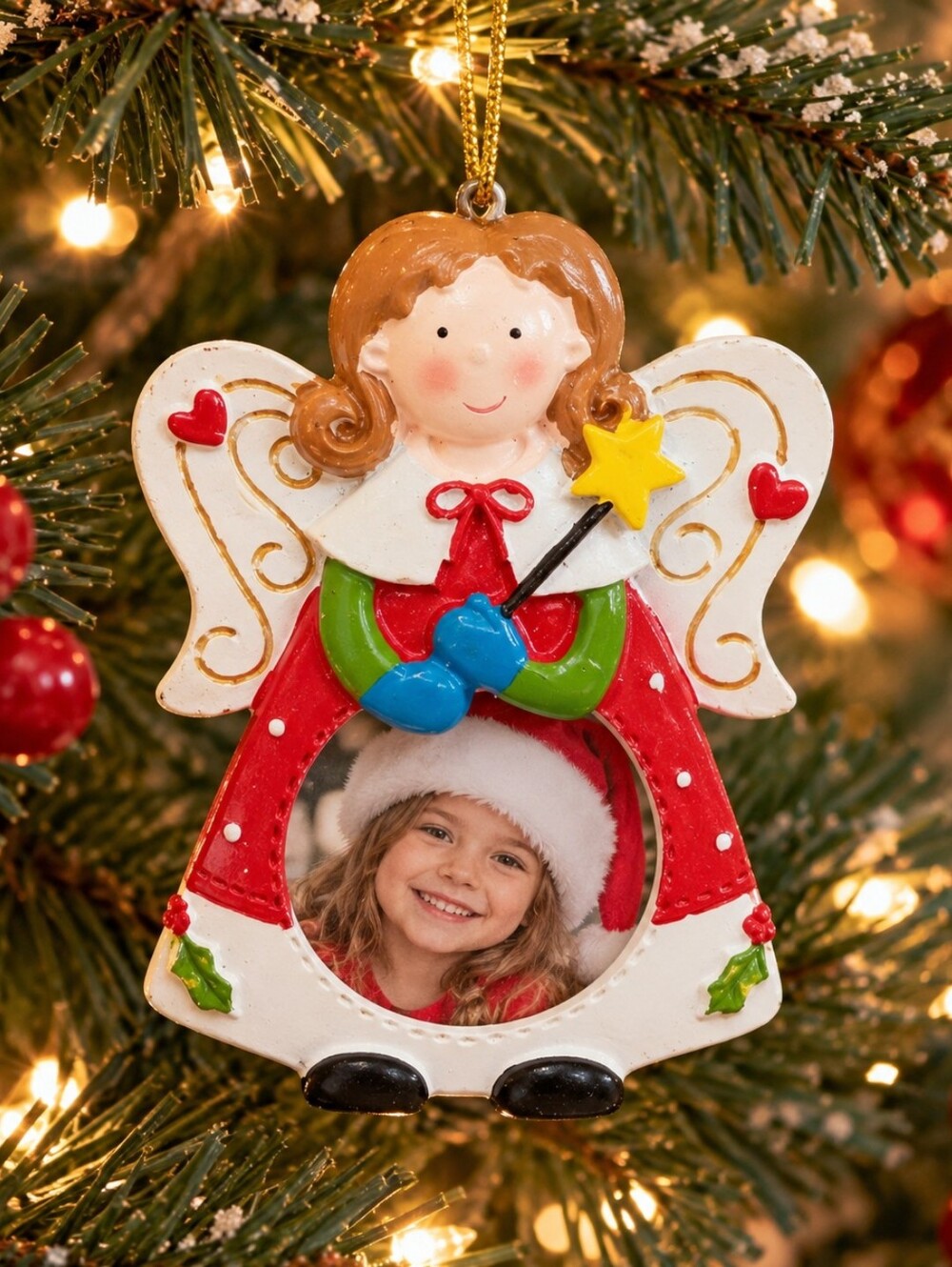 Vtg Angel Photo Frame Christmas Ornament Red Green Gold Holiday Decor